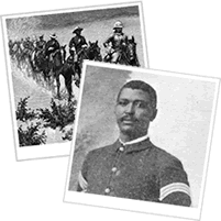 Two images of Buffalo soldiers.  One is a portrait of a soldier in uniform.  The other is an image of buffalo solders on horseback.