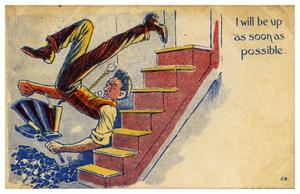 postcard of man flying down the stairs