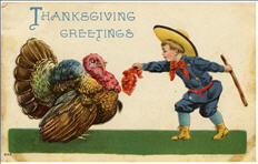 Thanksgiving postcard with boy and Turkey